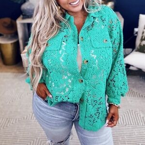 BiBi Lace Shacket Jacket Jade Green Western Romantic NWT Button Down Classy